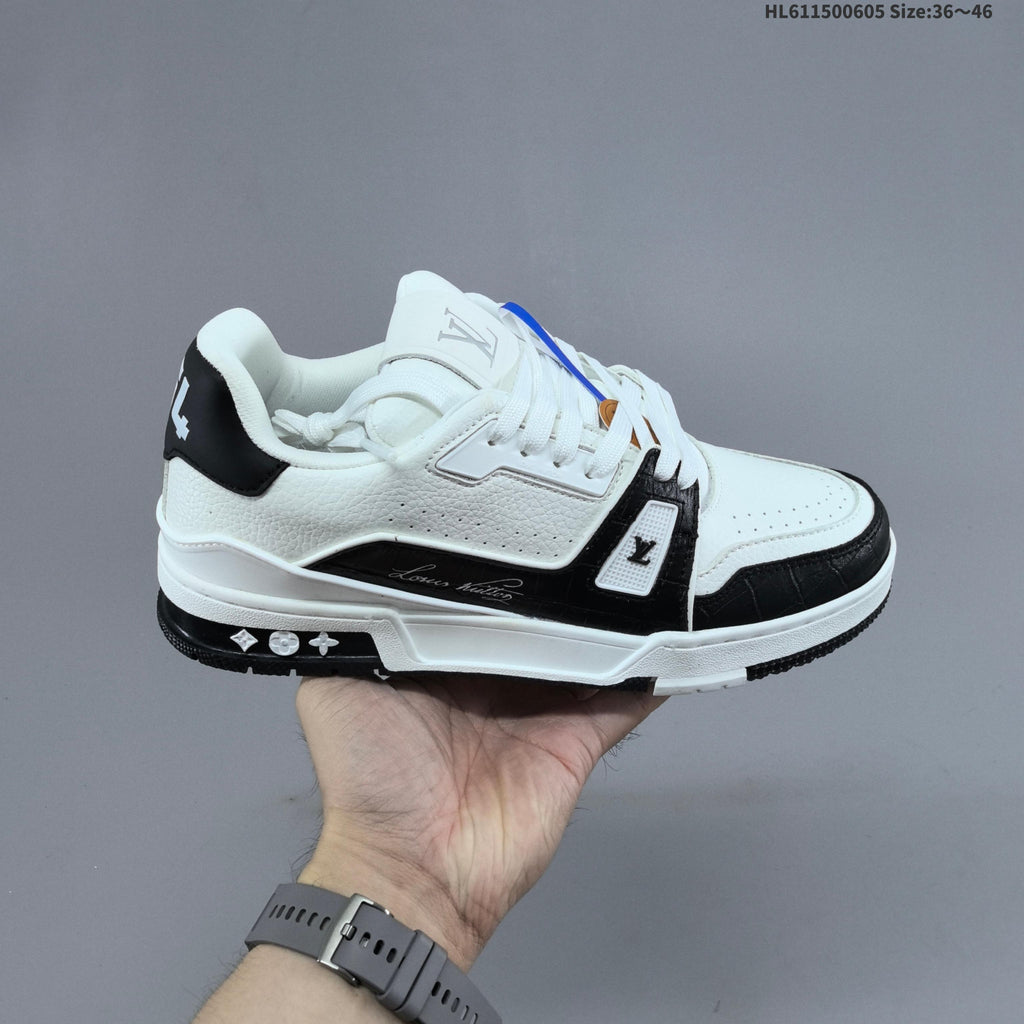 Louis Vuitton Low-Cut Sneakers in White with Floral or Black Trim - product image from the listing.