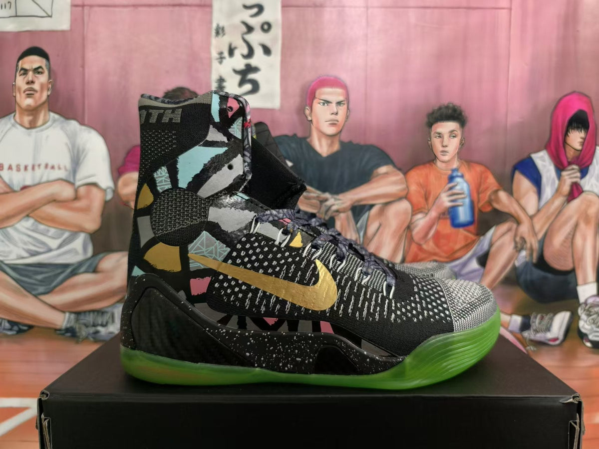 Nike Kobe 9 Elite High-Top Basketball Shoes, in Black and Green - product image from the listing.