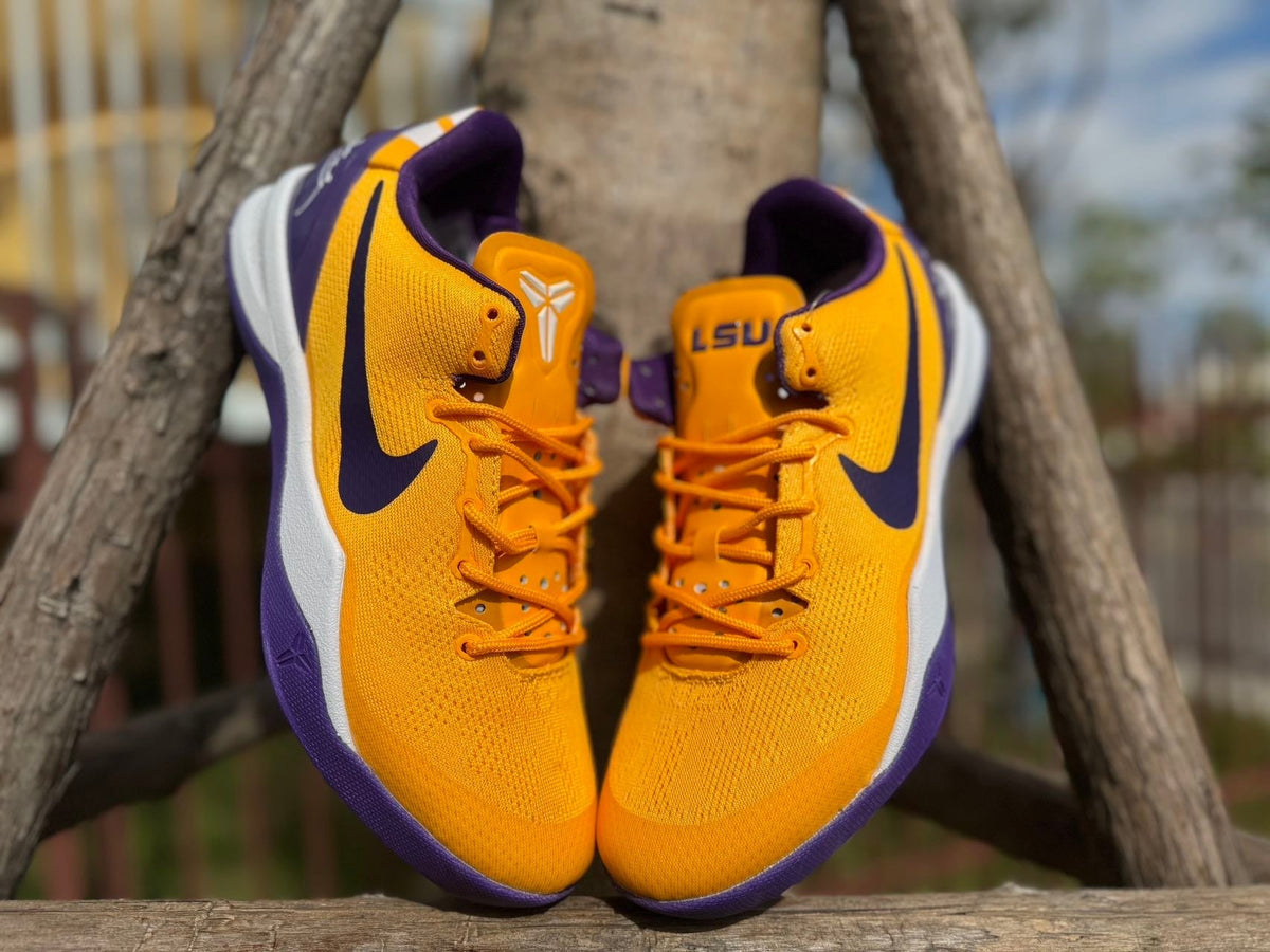 Gold and Purple Nike Kobe 8 LSU Basketball Shoes - product image from the listing.
