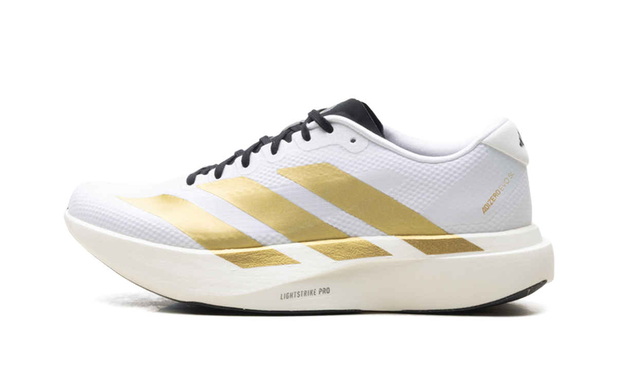 "Cloud White/Matte Gold" Adizero Evo SL JQ4441 - product image from the listing.