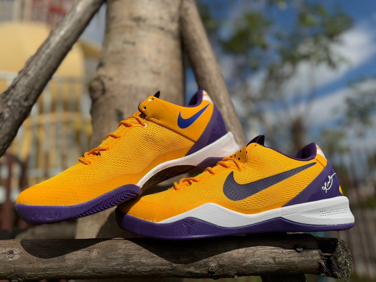 Gold and Purple Nike Kobe 8 LSU Basketball Shoes - product image from the listing.