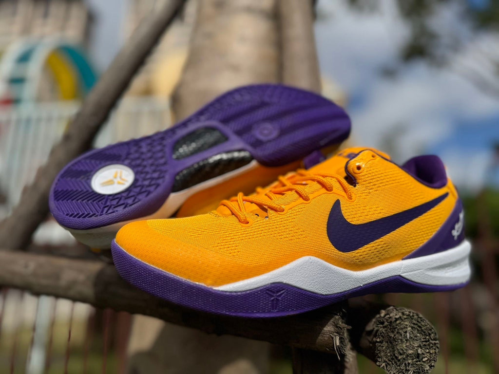 Gold and Purple Nike Kobe 8 LSU Basketball Shoes - product image from the listing.