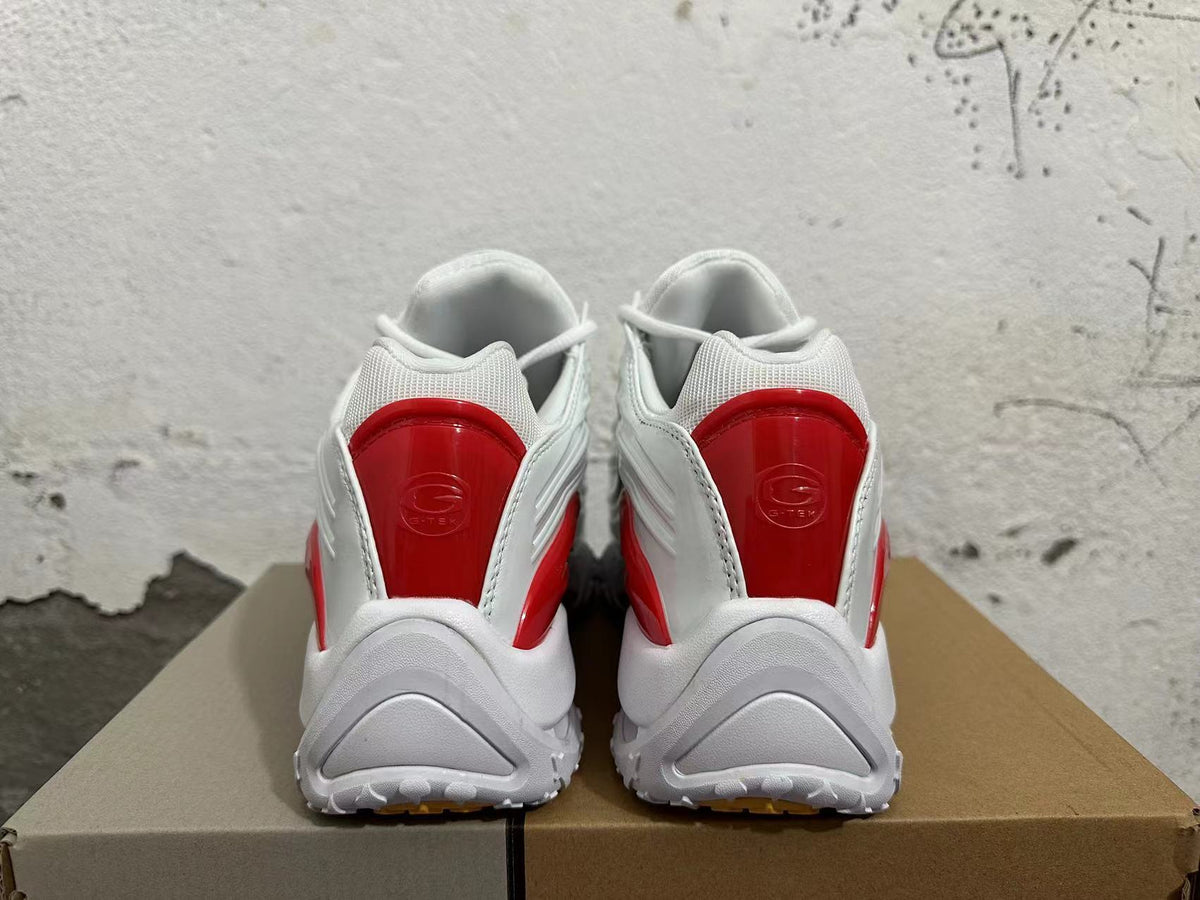 White and Red Athletic Trainers - product image from the listing.