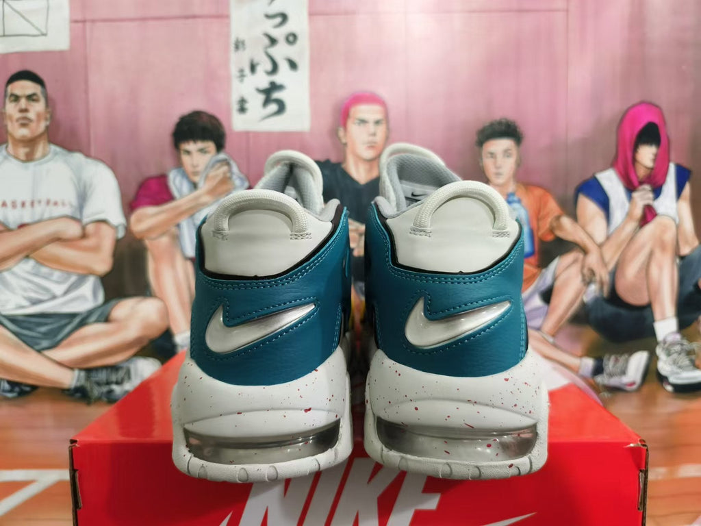 Nike Air More Uptempo Basketball Shoes in White Teal Red - product image from the listing.