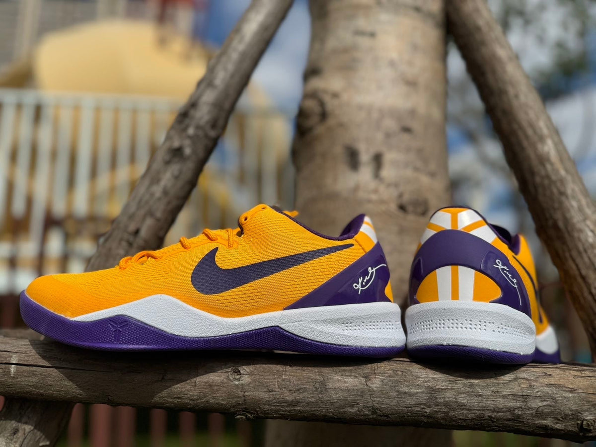 Gold and Purple Nike Kobe 8 LSU Basketball Shoes - product image from the listing.