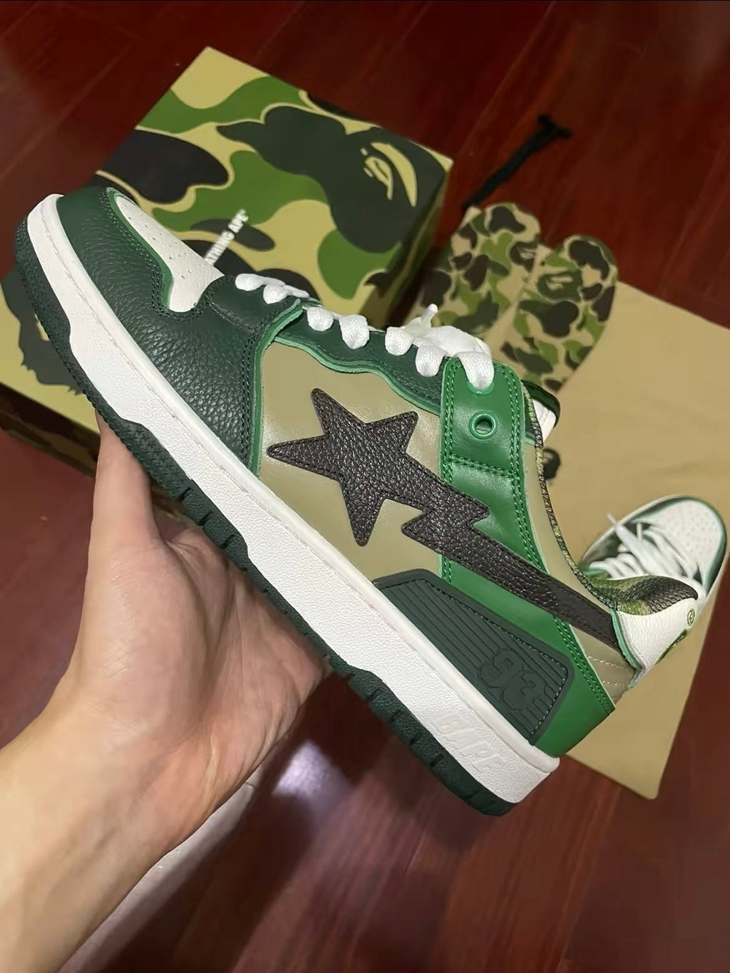 BAPE SK8 STA Low-Cut Sneakers in Green Camo - product image from the listing.