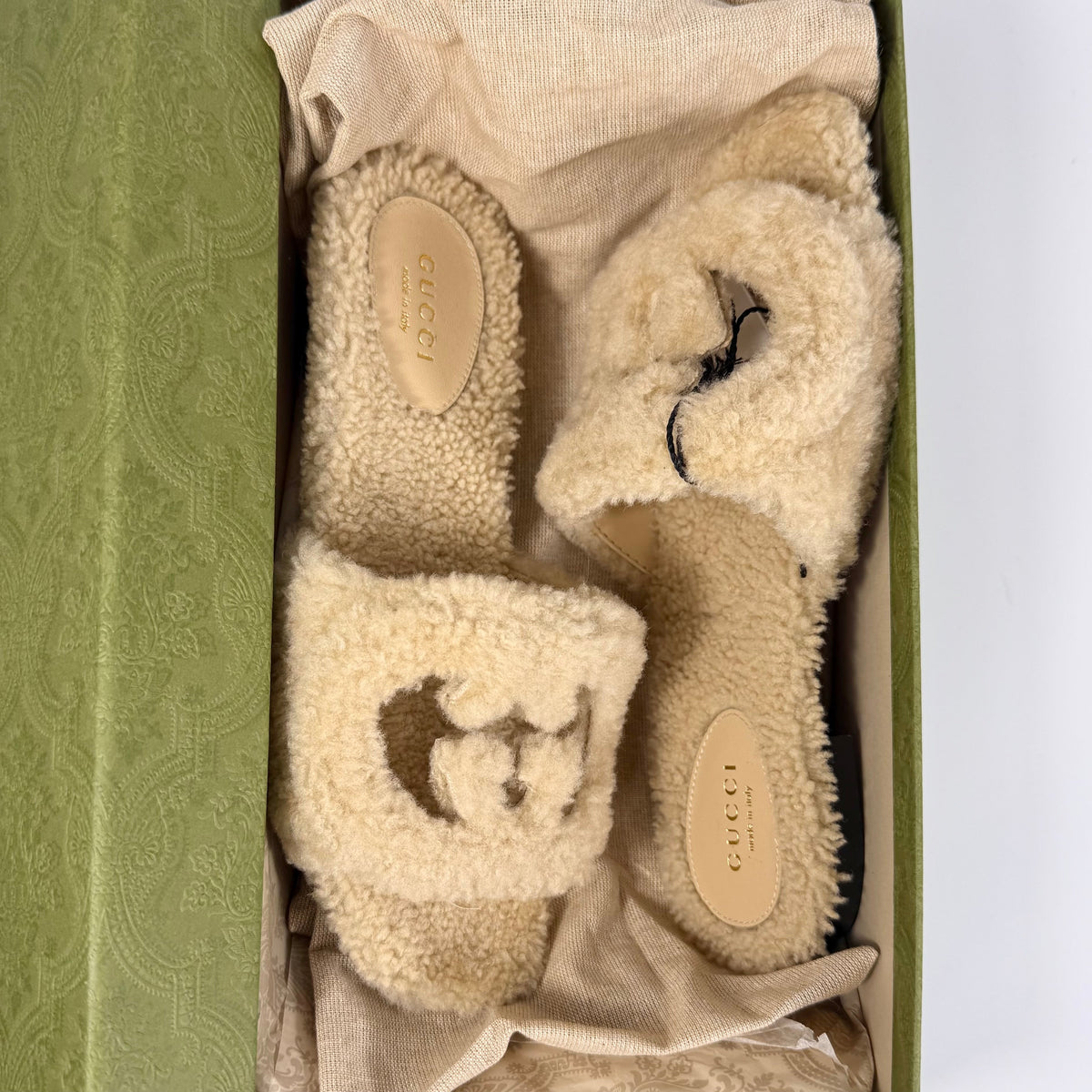 Women's Gucci Shearling GG Cut Out Slide Sandal - 5.5 - product image from the listing.