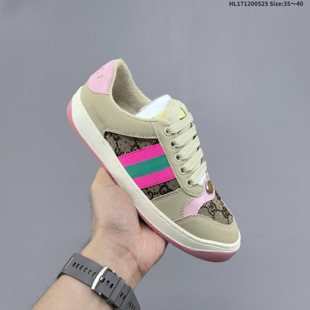 Gucci Screener Distressed Low-Top Sneakers in Beige Pink Green - product image from the listing.
