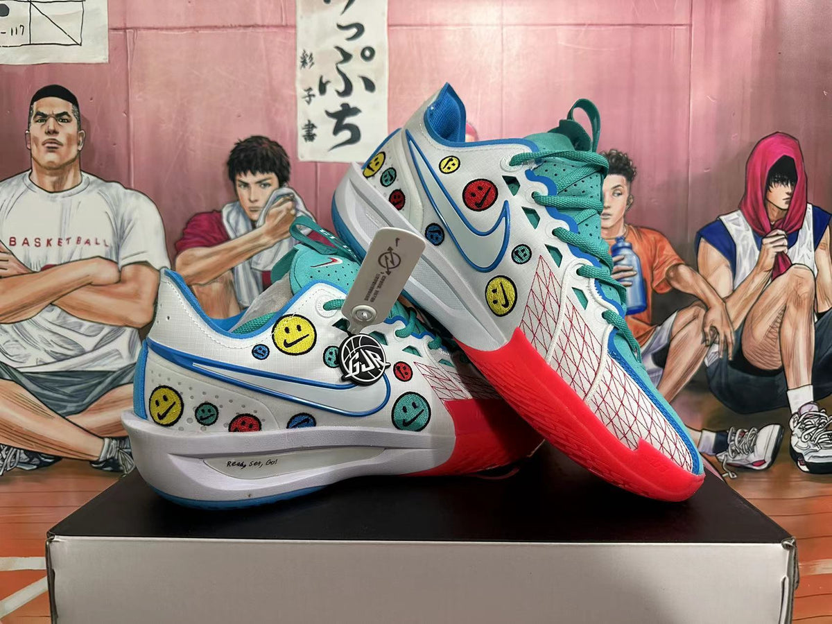 Nike Smiley Basketball Shoes in White, Teal, in Blue and Red - product image from the listing.