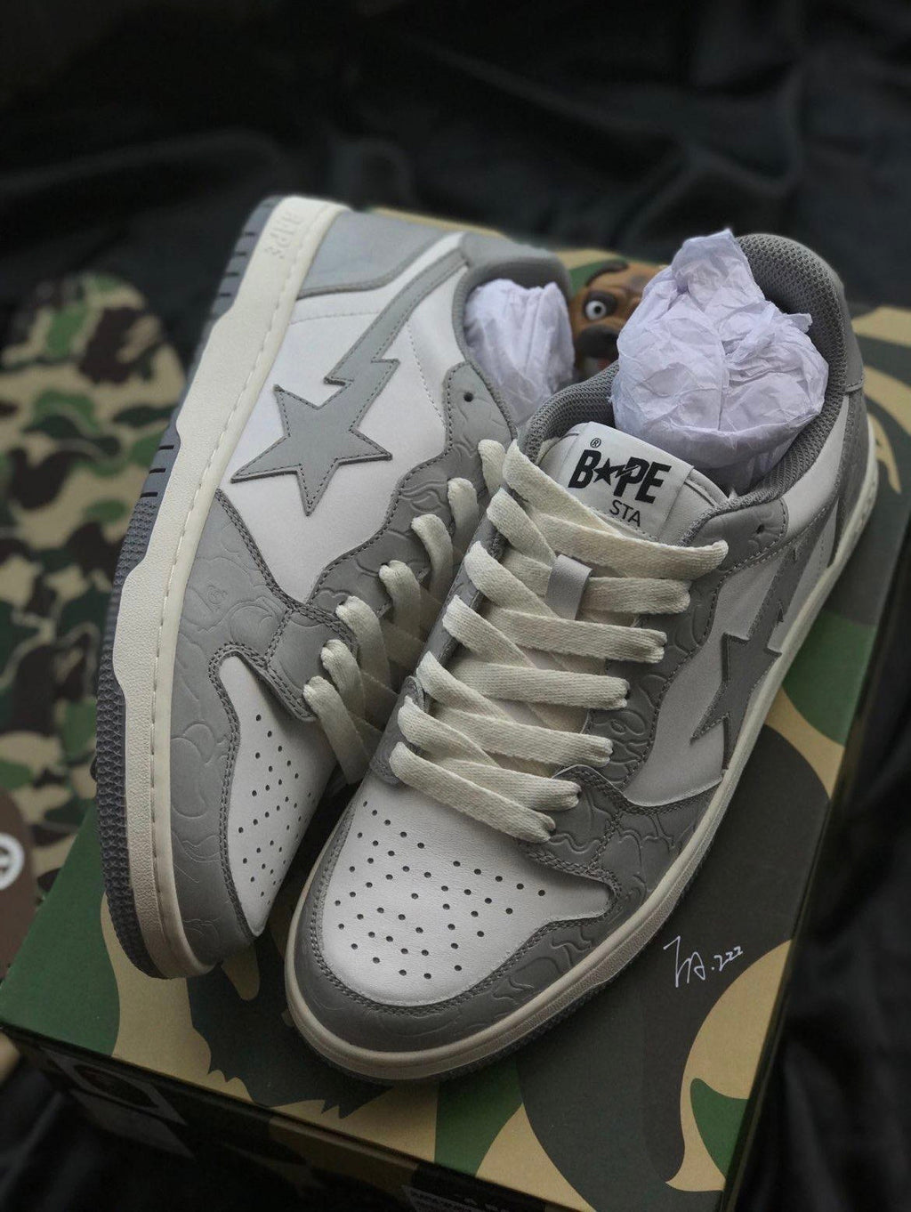 A BATHING APE BAPE Court Sta Low Sneakers in White Grey - product image from the listing.