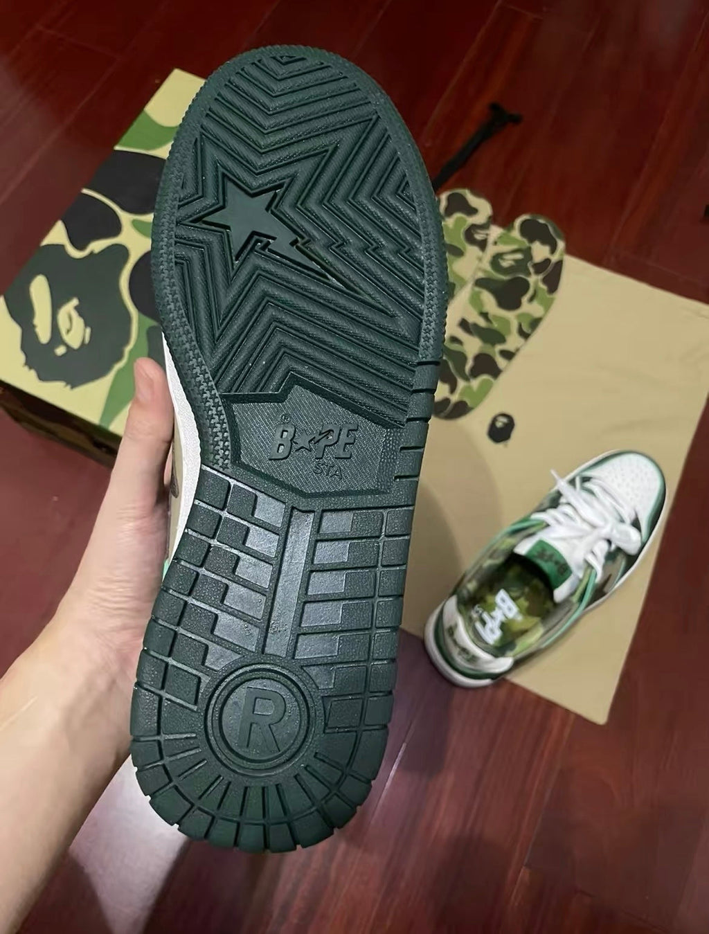 BAPE SK8 STA Low-Cut Sneakers in Green Camo - product image from the listing.