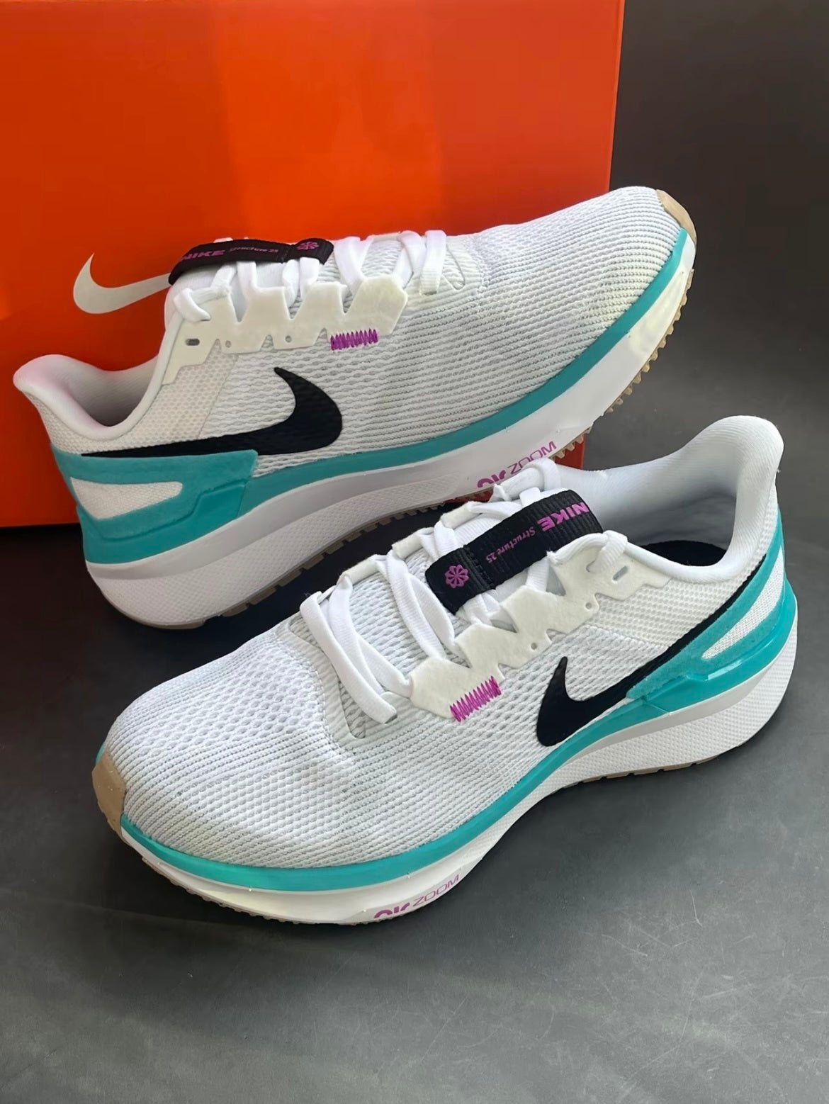 Nike Structure 25 Road Running Shoes in White Turquoise DJ7884-103 - product image from the listing.