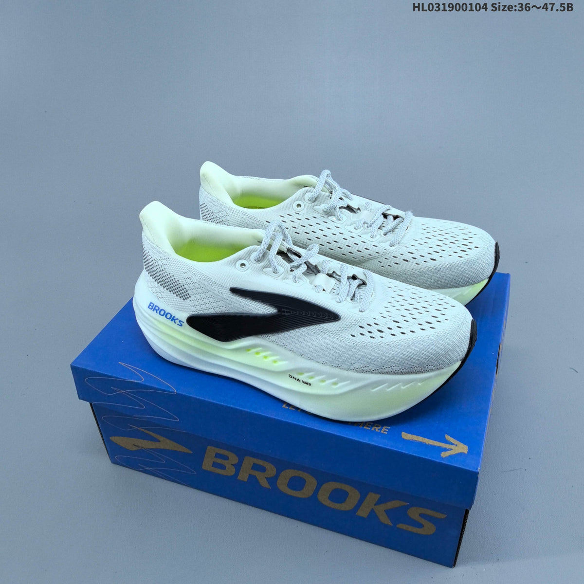 Brooks Glycerin Max Running Shoes, in White and Lime - product image from the listing.