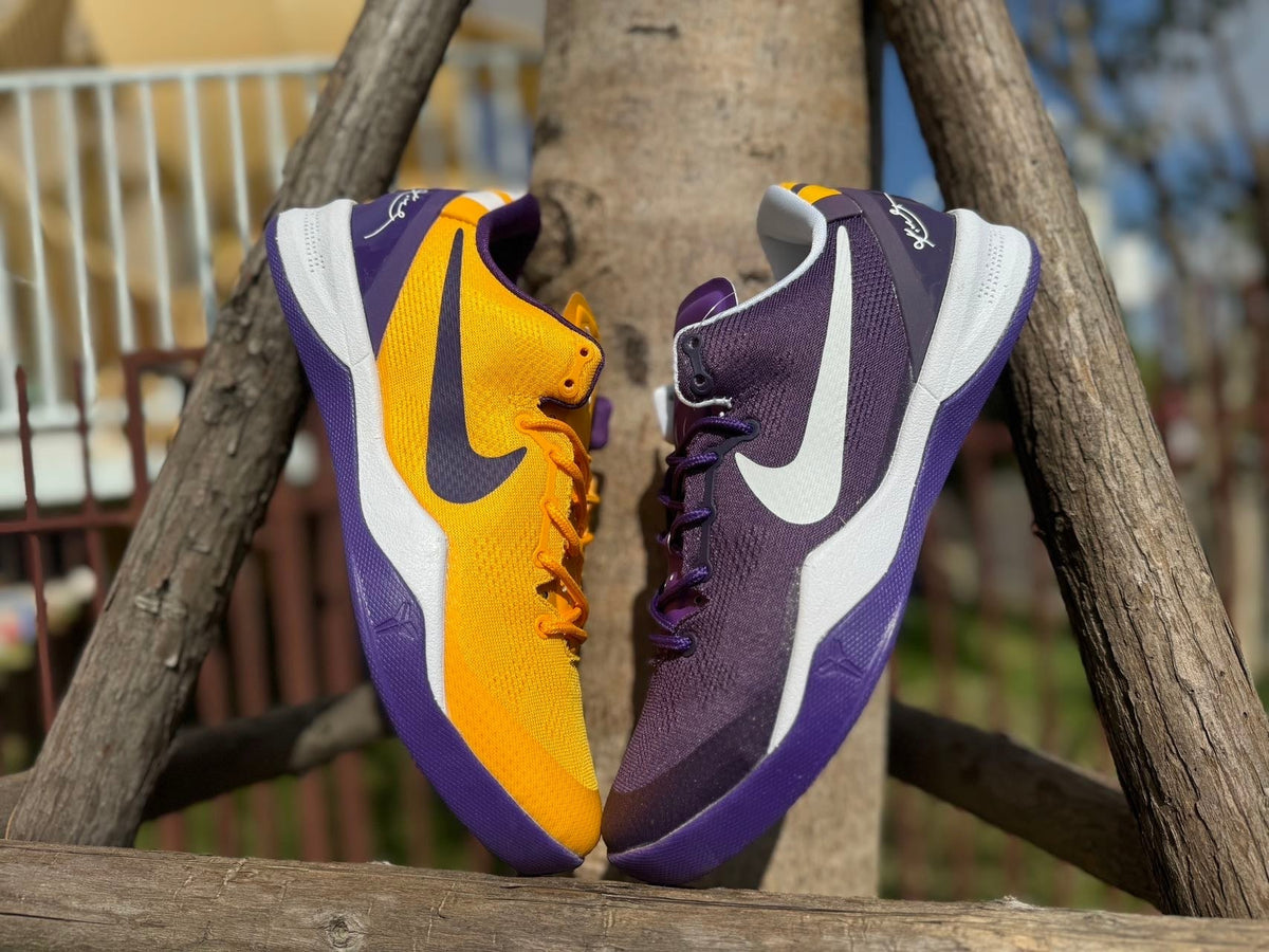 Gold and Purple Nike Kobe 8 LSU Basketball Shoes - product image from the listing.