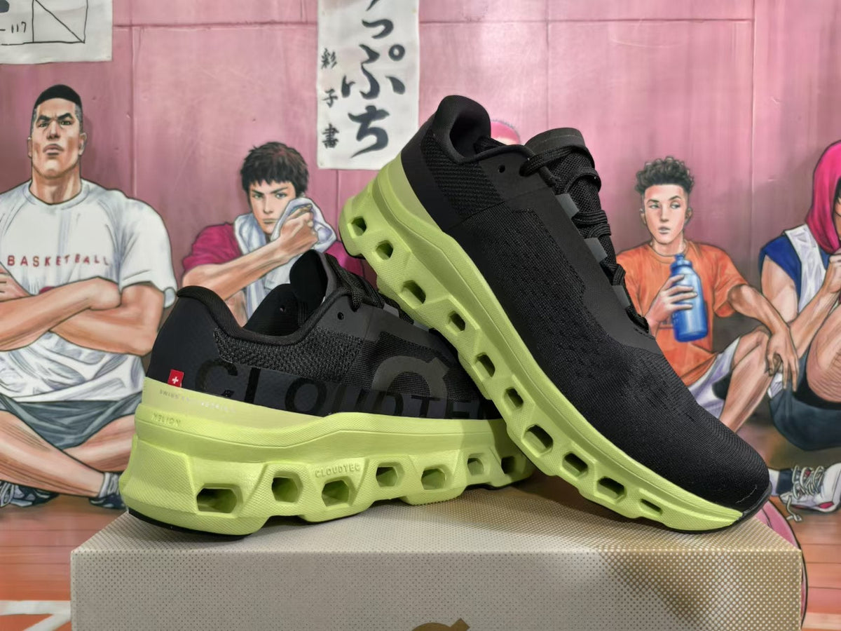 On Running Cloudmonster Sneakers in Black and Lime Green - product image from the listing.