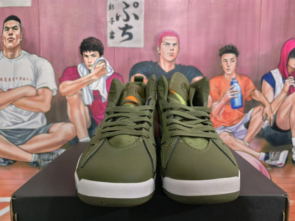Olive Green and Orange Jordan 6 Retro High-Top Sneakers - product image from the listing.