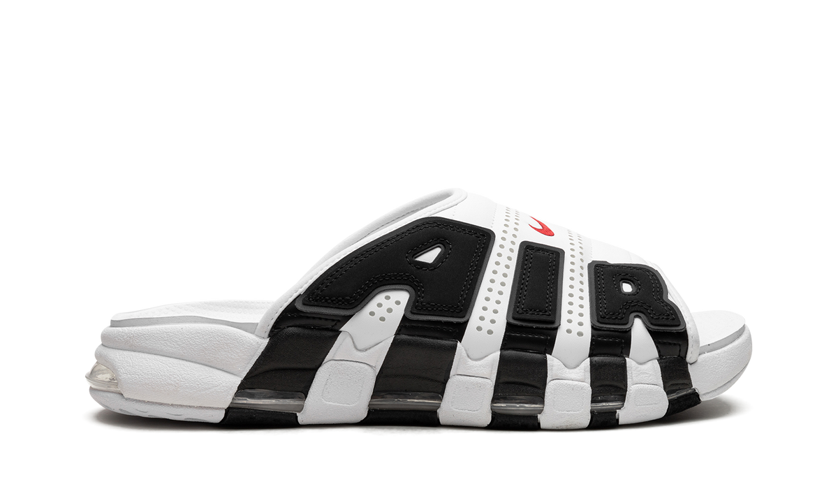 "White Black Red" Air More Uptempo Slide NA FB7815 100 - product image from the listing.