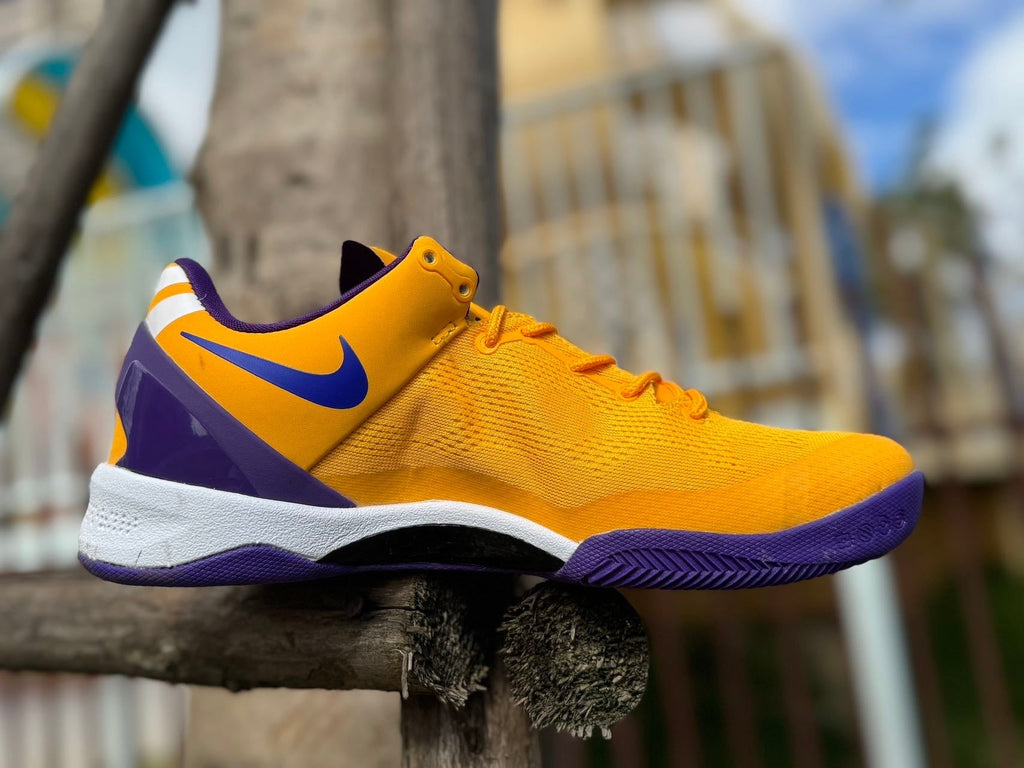Gold and Purple Nike Kobe 8 LSU Basketball Shoes - product image from the listing.