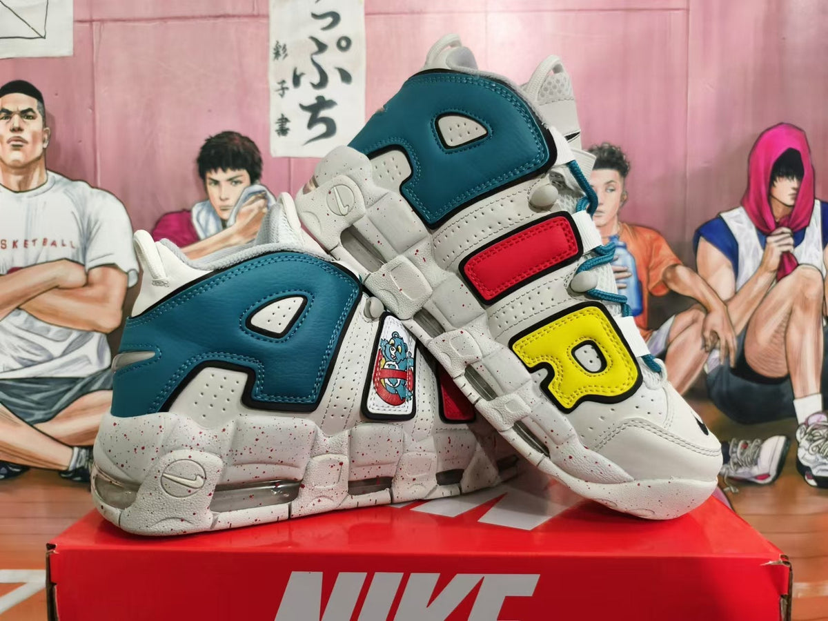 Nike Air More Uptempo Basketball Shoes in White Teal Red - product image from the listing.