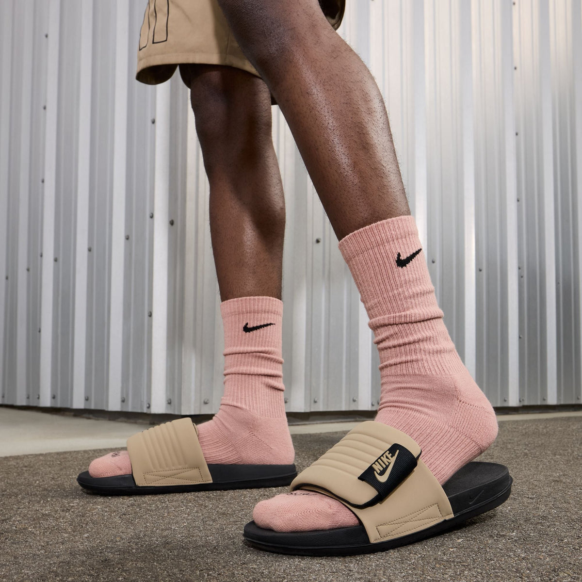 Men's Nike Offcourt Adjust Slides - Black/Khaki - product image from the listing.