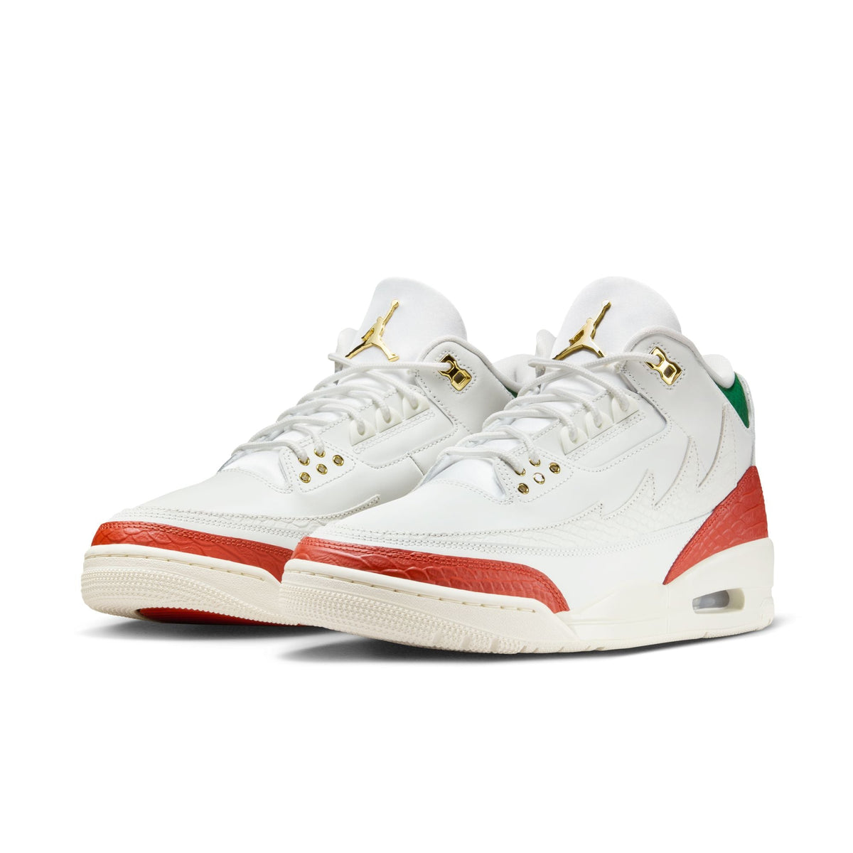 "el Vuelo" Mne's Air Jordan 3 Retro SUMMIT WHITE/METALLIC GOLD-PINE GREEN - product image from the listing.