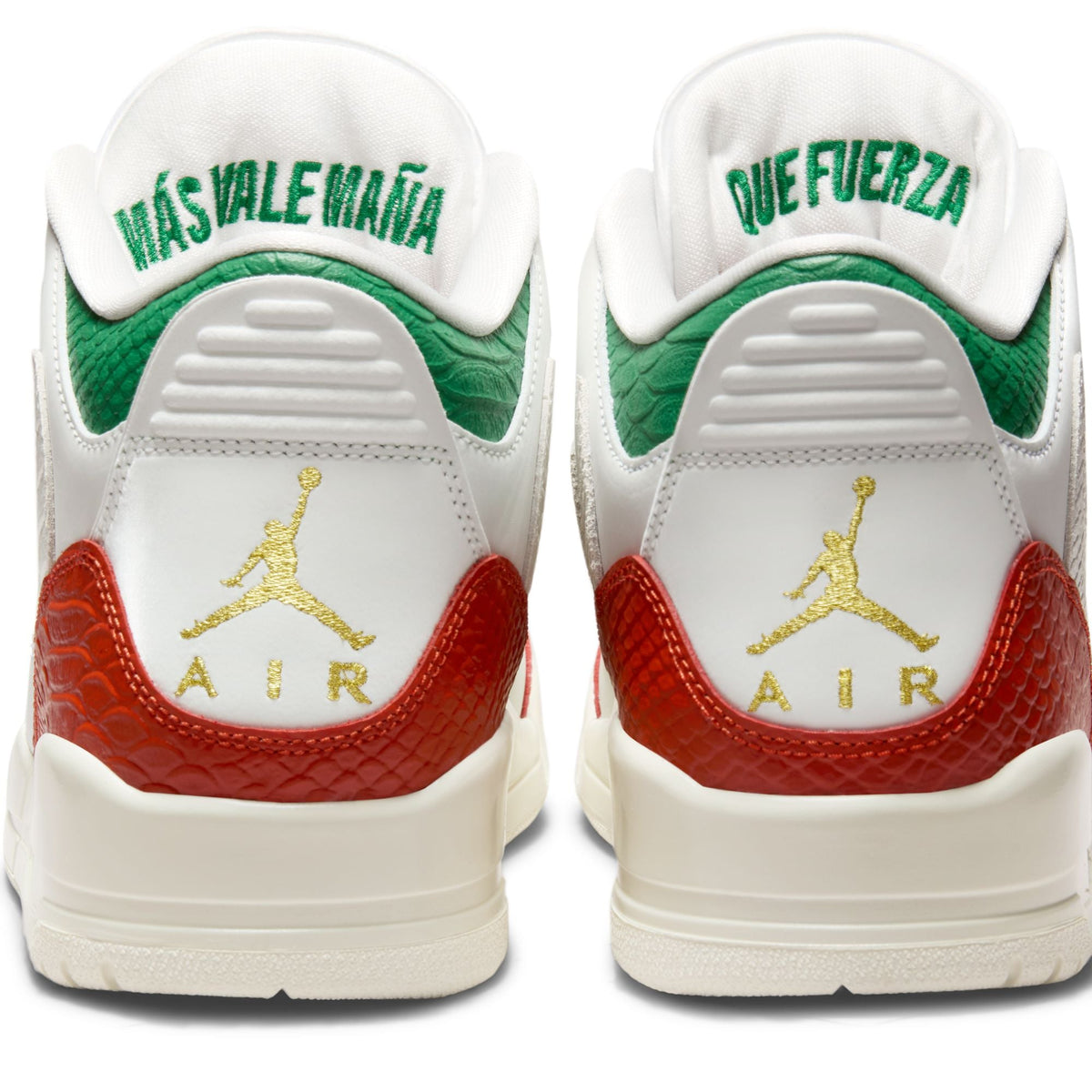 "el Vuelo" Mne's Air Jordan 3 Retro SUMMIT WHITE/METALLIC GOLD-PINE GREEN - product image from the listing.