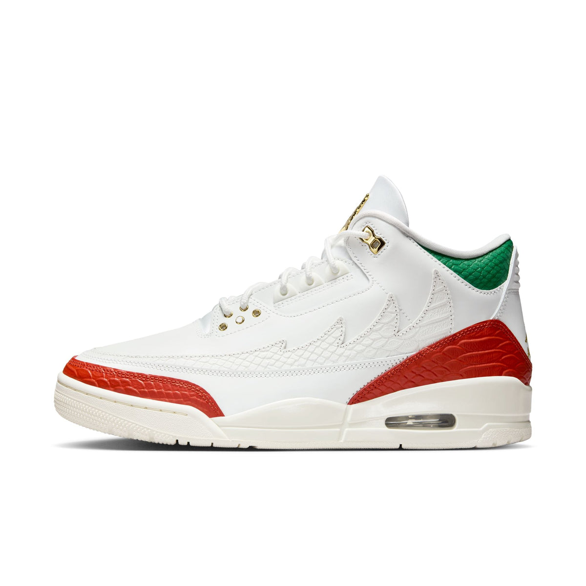 "el Vuelo" Mne's Air Jordan 3 Retro SUMMIT WHITE/METALLIC GOLD-PINE GREEN - product image from the listing.