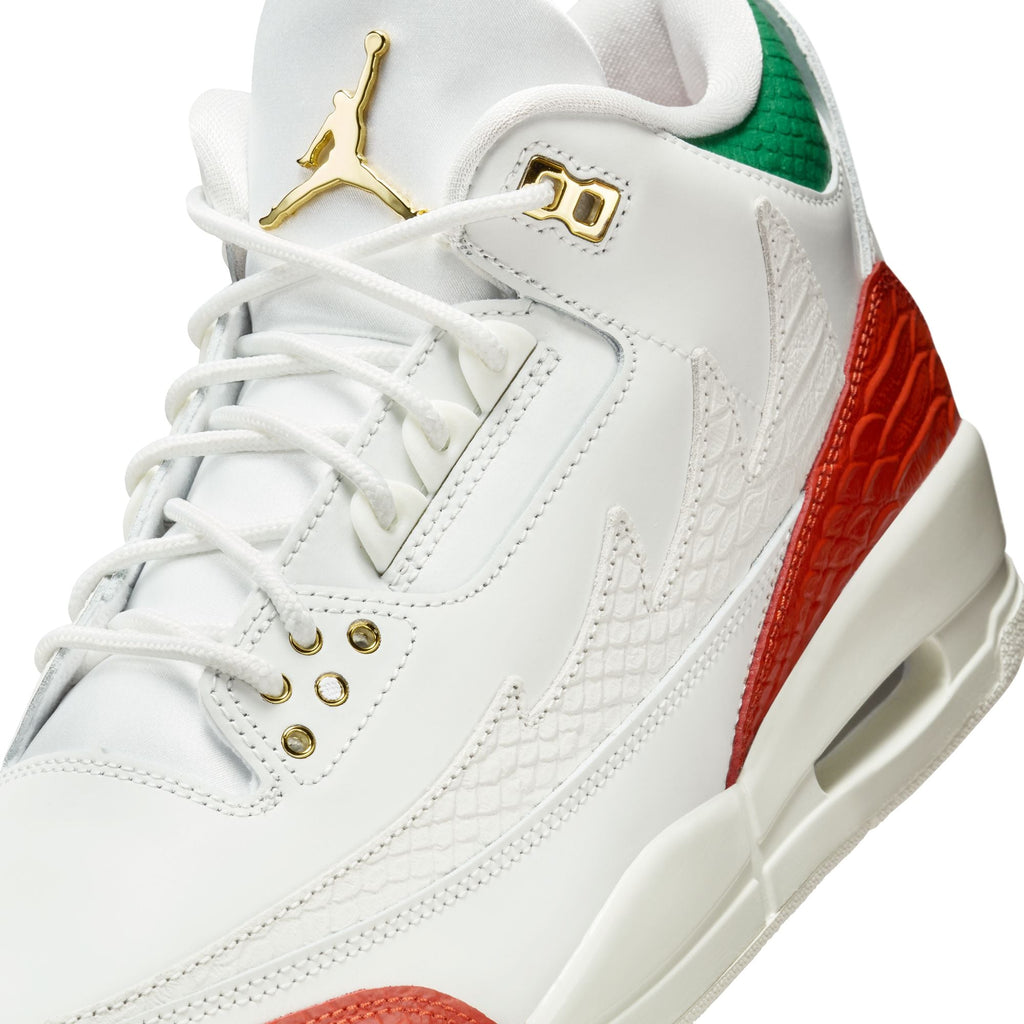 "el Vuelo" Mne's Air Jordan 3 Retro SUMMIT WHITE/METALLIC GOLD-PINE GREEN - product image from the listing.