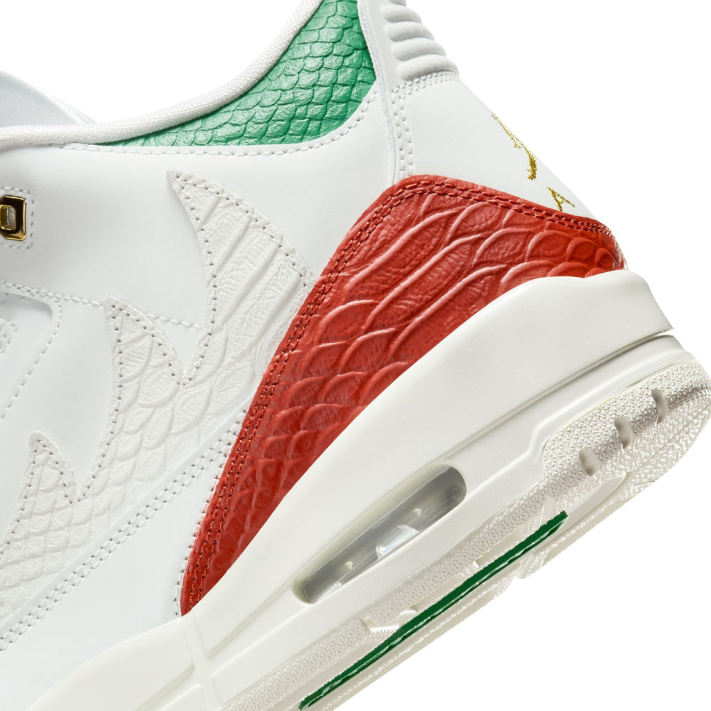 "el Vuelo" Mne's Air Jordan 3 Retro SUMMIT WHITE/METALLIC GOLD-PINE GREEN - product image from the listing.