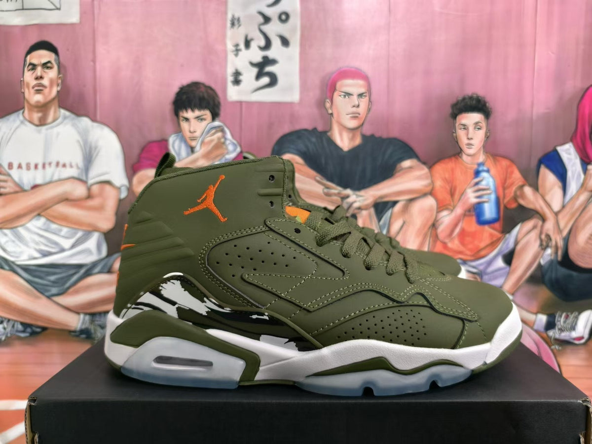 Olive Green and Orange Jordan 6 Retro High-Top Sneakers - product image from the listing.