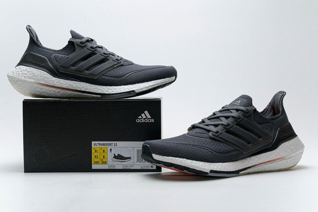 adidas UltraBoost 21 Running Shoes, in Charcoal and White FY0372 - product image from the listing.