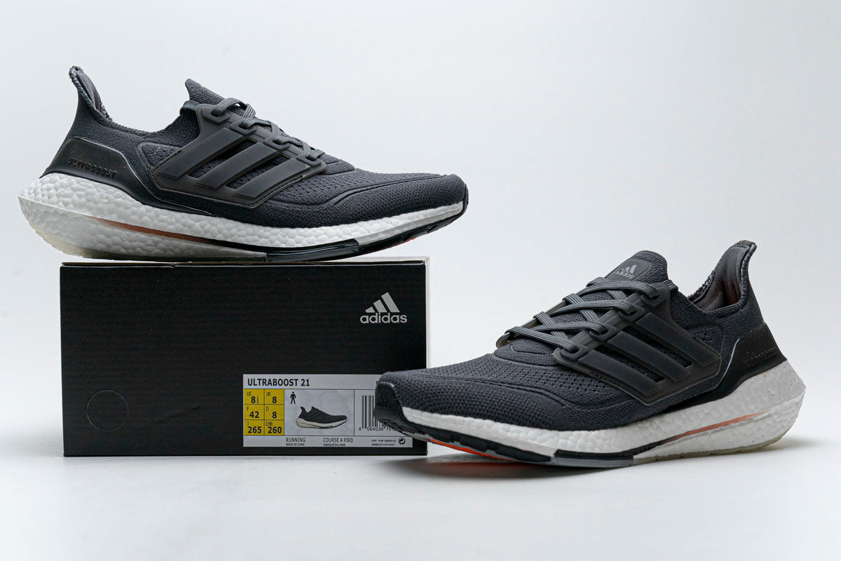 adidas UltraBoost 21 Running Shoes, in Charcoal and White FY0372 - product image from the listing.