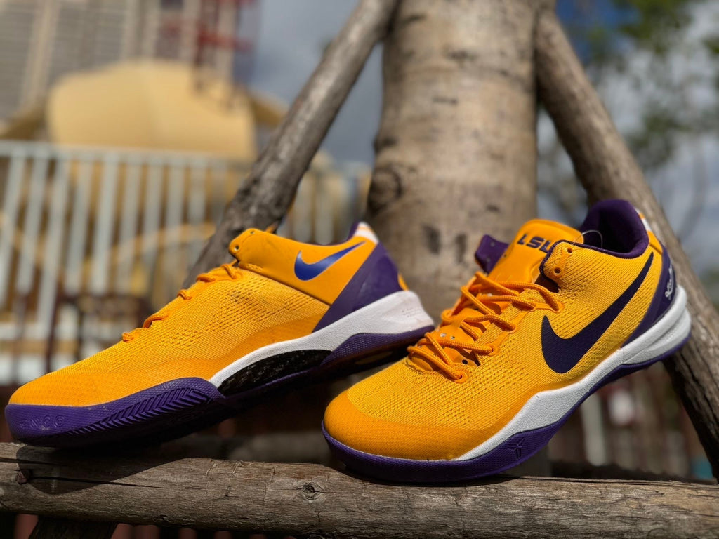 Gold and Purple Nike Kobe 8 LSU Basketball Shoes - product image from the listing.