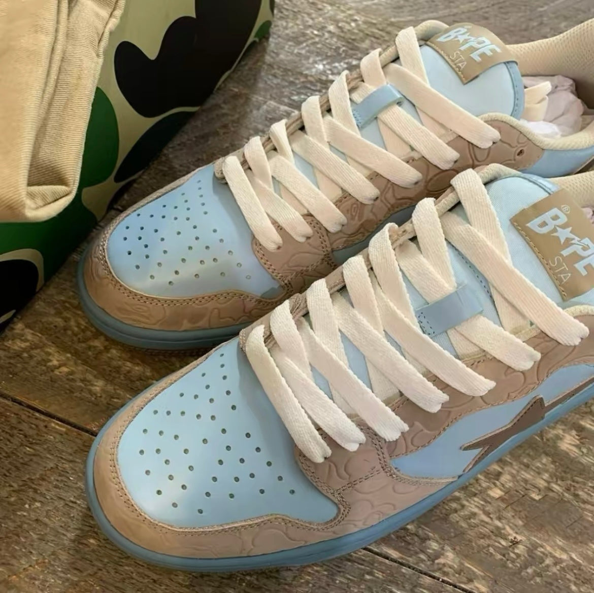 Light Blue and Beige BAPE SK8 STA Sneakers - product image from the listing.