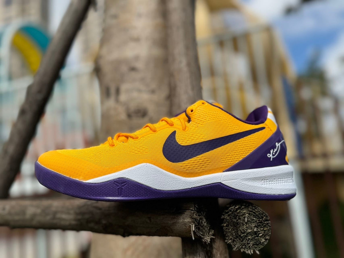 Gold and Purple Nike Kobe 8 LSU Basketball Shoes - product image from the listing.