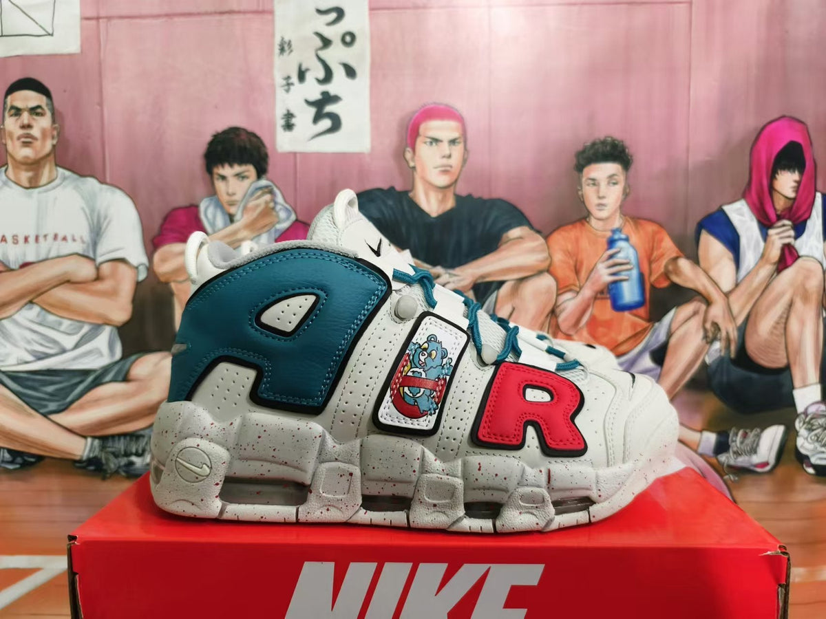 Nike Air More Uptempo Basketball Shoes in White Teal Red - product image from the listing.