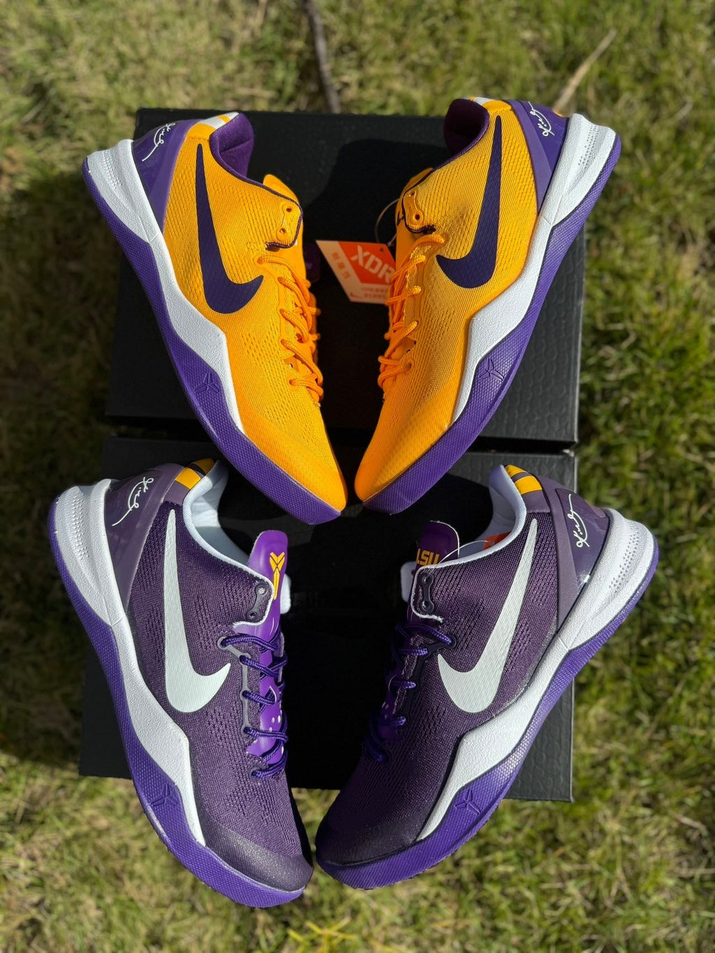 Gold and Purple Nike Kobe 8 LSU Basketball Shoes - product image from the listing.