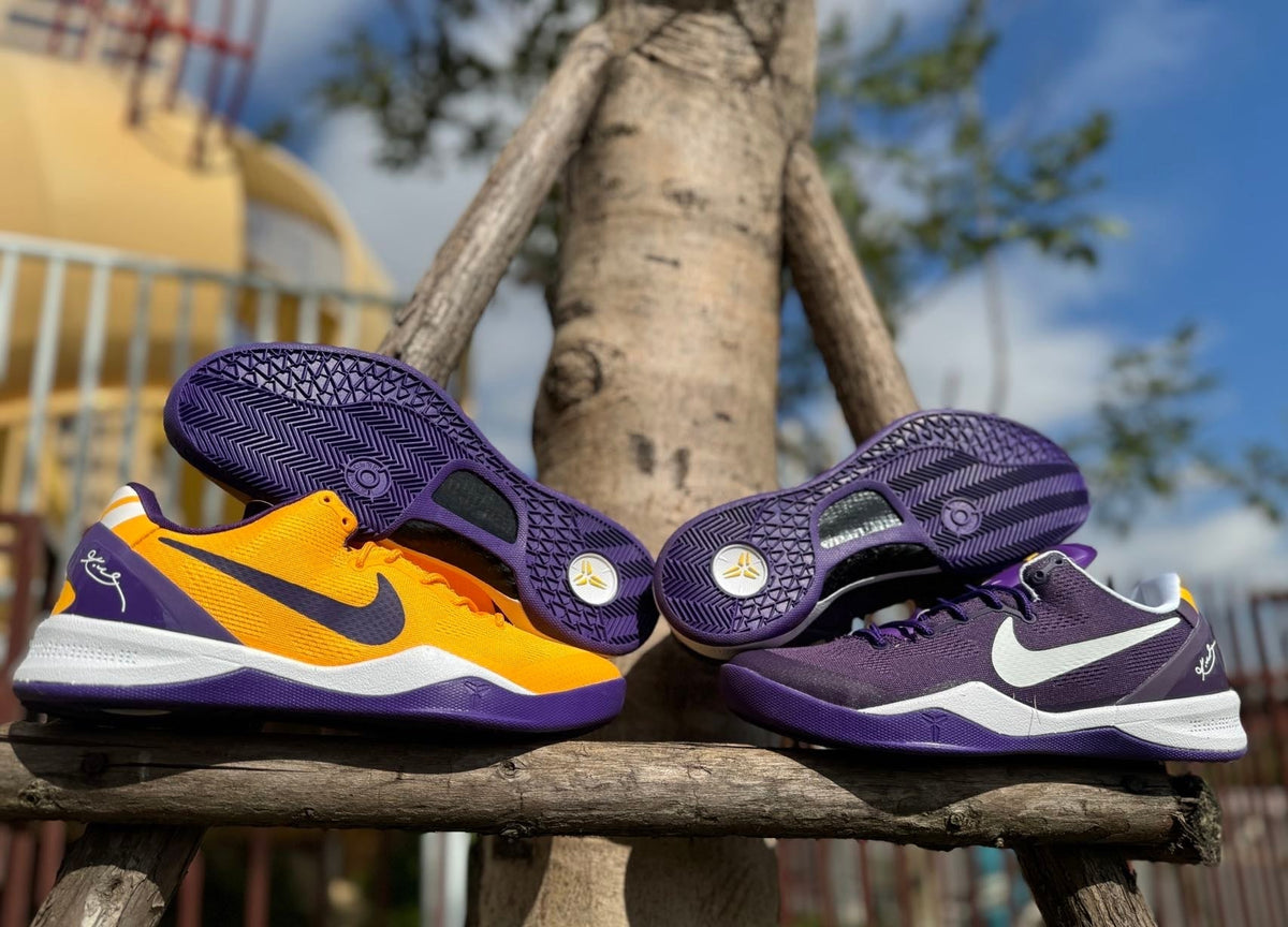 Gold and Purple Nike Kobe 8 LSU Basketball Shoes - product image from the listing.