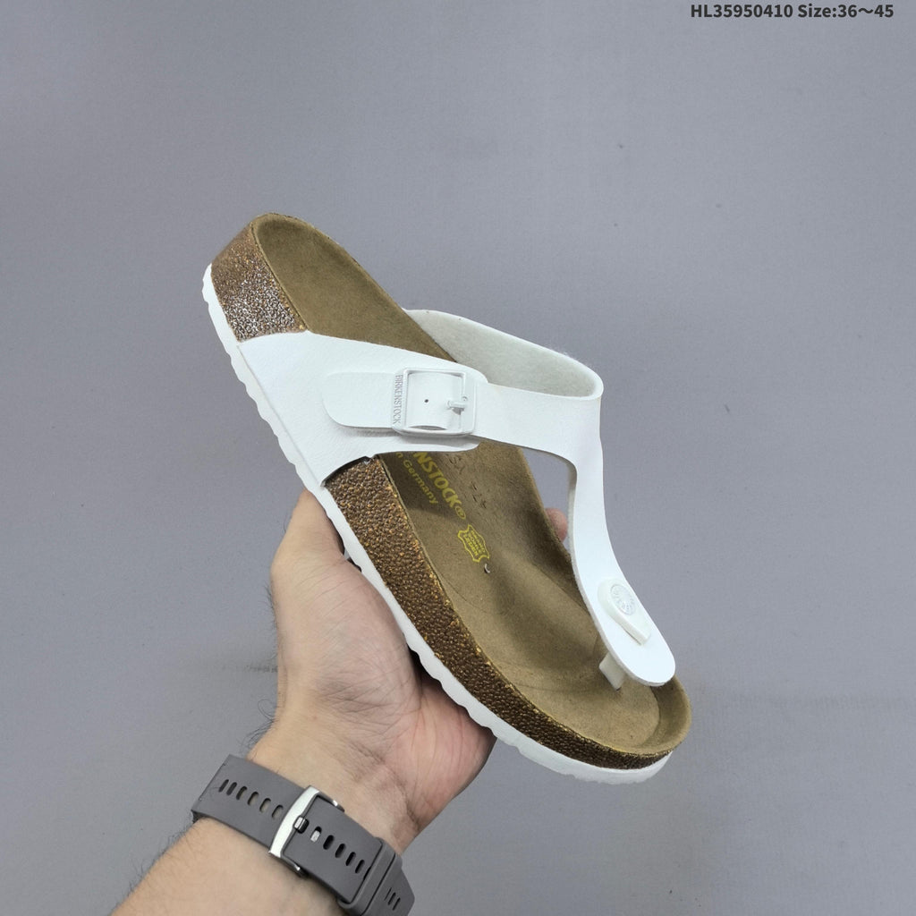 White and Brown Birkenstock Arizona and Gizeh Sandals - product image from the listing.