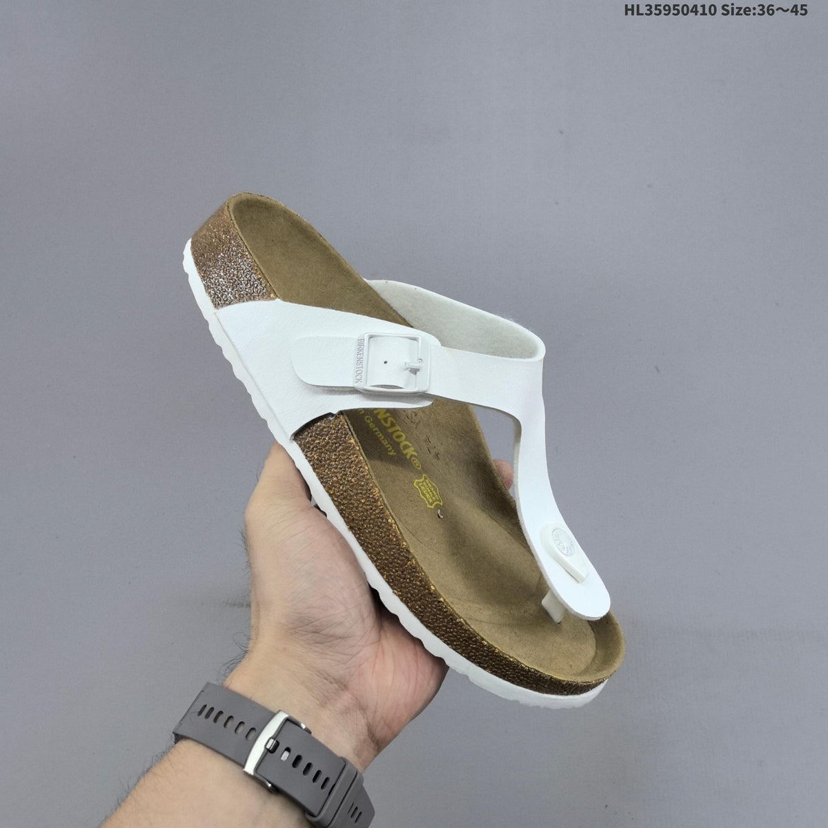 White and Brown Birkenstock Arizona and Gizeh Sandals - product image from the listing.
