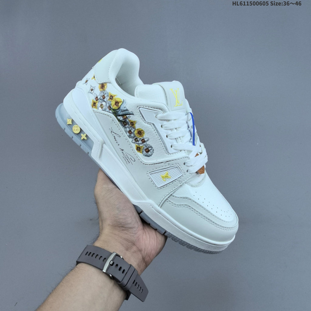Louis Vuitton Low-Cut Sneakers in White with Floral or Black Trim - product image from the listing.