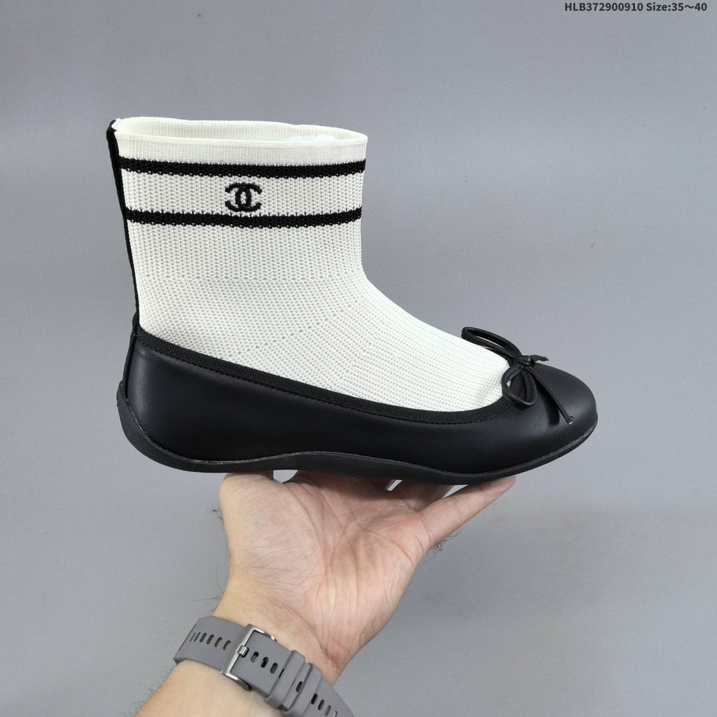 Chanel Sock Ballet Flats with Bow, in Black and White - product image from the listing.