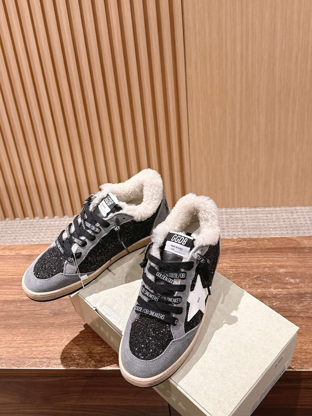 Golden Goose 2025 Wool-Lined Dirty Trainers Light Gray mix Black Suede 444261 - product image from the listing.