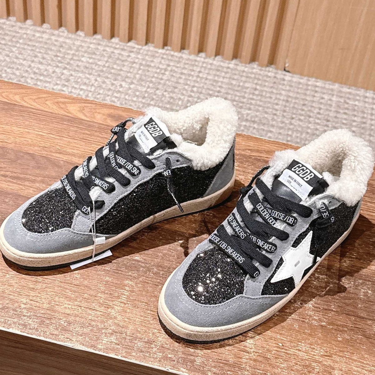 Golden Goose 2025 Wool-Lined Dirty Trainers Light Gray mix Black Suede 444261 - product image from the listing.