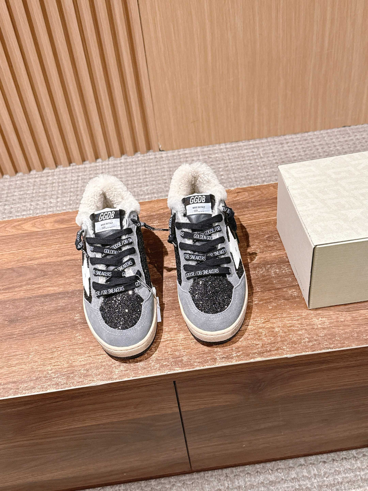 Golden Goose 2025 Wool-Lined Dirty Trainers Light Gray mix Black Suede 444261 - product image from the listing.