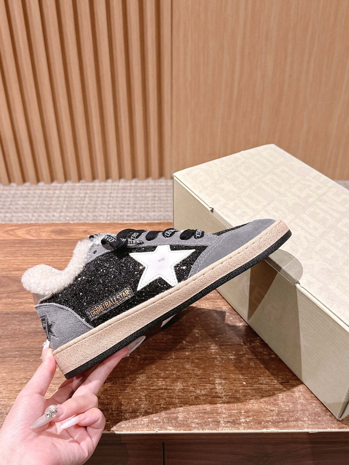 Golden Goose 2025 Wool-Lined Dirty Trainers Light Gray mix Black Suede 444261 - product image from the listing.