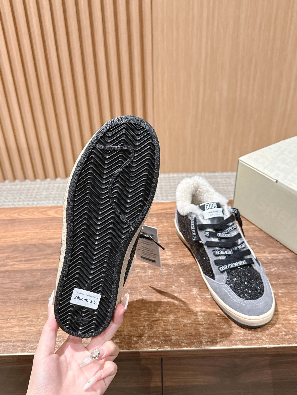 Golden Goose 2025 Wool-Lined Dirty Trainers Light Gray mix Black Suede 444261 - product image from the listing.