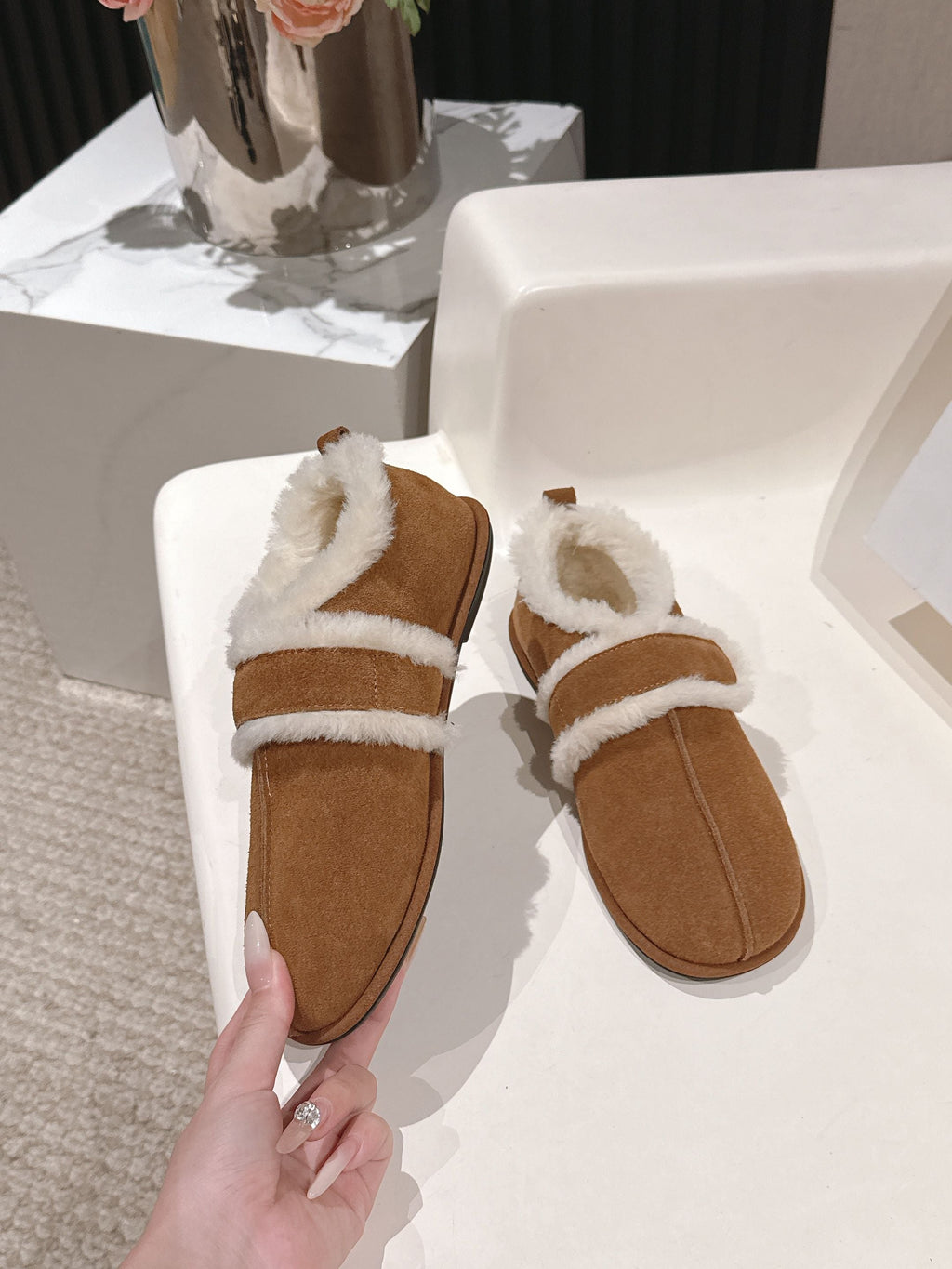 The Row 2025 Furry Footwear Light Brown White Suede Wool 560590 - product image from the listing.