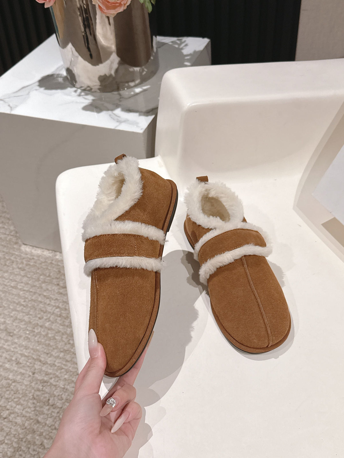 The Row 2025 Furry Footwear Light Brown White Suede Wool 560590 - product image from the listing.