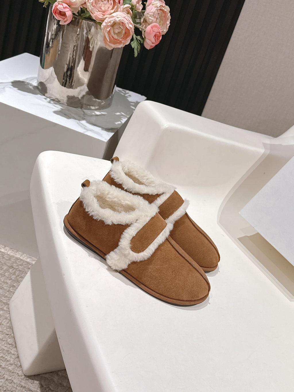 The Row 2025 Furry Footwear Light Brown White Suede Wool 560590 - product image from the listing.